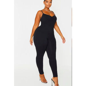 PrettyLittleThing Plus Black Cotton Ruched Bust Jumpsuit NWT Size 12